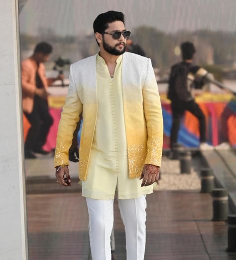 For the Haldi occasion, a men’s yellow Ombre jacket with kurta and bottom. This outfit blends traditional elements with modern aesthetics, perfect for the joyful and colourful Haldi ceremony. Groom @shivharesanyog Male Haldi Outfits, Haldi Ceremony Groom, Haldi Outfit For Men, Haldi Ceremony Outfit For Men, Ceremony Outfit, Haldi Ceremony Outfit, Haldi Dress, Haldi Outfits, Men's Wedding Outfit