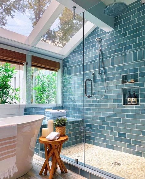 a beautiful blue attic bathroom with skylights and windows, a shower space and a bathtub plus touches of wood Beautiful Small Bathrooms, Bad Inspiration, Architectural Drawing, Bath Room, House Goals, Style At Home, Walk In Shower, House Inspo, Shower Tile