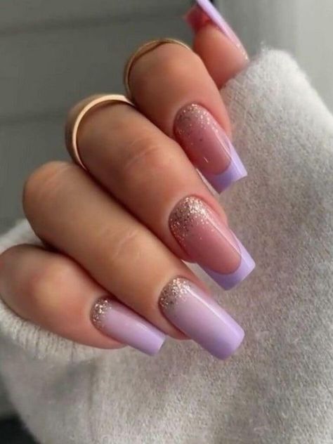 French Tips And Glitter, Lilac Ombre Nails, Purple Ombre Nail Designs, Neutral Nails Acrylic, Light Purple Nails, Purple Ombre Nails, Ombre Nail Art Designs, Pink Chrome Nails, Lilac Nails