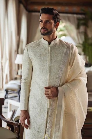 Chanderi Embroidered Sherwani with Stole Marriage Dress For Men, Sawan Gandhi, Ivory Sherwani, Groom Trends, White Sherwani, Nikkah Outfit, Sherwani For Men Wedding, Embroidered Sherwani, Mens Wear Wedding