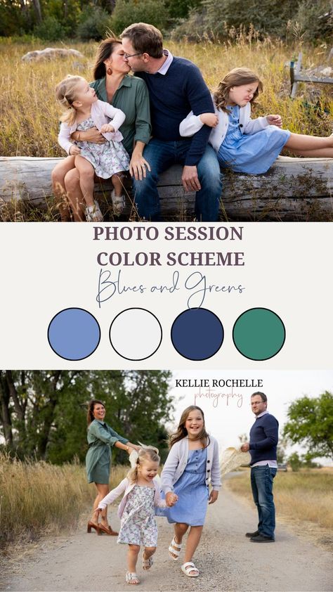 A family of four wearing blue and green pose during an outdoor family photoshoot with Kellie Rochelle Photography. Green Family Photo Outfits, Navy Family Pictures, Picture Color Schemes, Fall Picture Outfits, Fall Photoshoot Family, Outdoor Family Pictures, Extended Family Pictures, Summer Family Pictures, Family Photo Colors