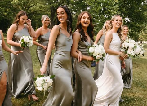 Jenny Yoo Jamie Satin High Neck Wedding Dress and Sage Green Satin Bridesmaid Dresses Sage Green Satin Bridesmaid Dresses, Green Satin Bridesmaid, Green Satin Bridesmaid Dresses, Jenny Yoo Bridesmaid, Olive Wedding, Shop Wedding Dresses, Modern Dresses, High Neck Wedding Dress, Neck Wedding Dress