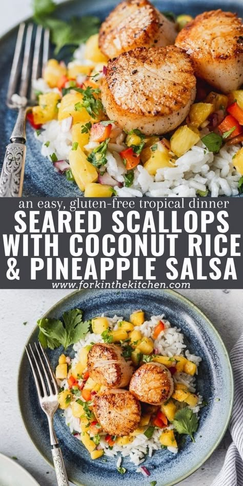 Seared Scallops with Coconut Rice and Pineapple Salsa will instantly give you all the island vibes, transporting you instantly to the beach with the first bite. Perfectly pan-seared scallops with a golden brown exterior sit atop a pile of sweet, vibrant pineapple salsa and creamy coconut rice for the ultimate trifecta of flavors. You'll love this easy dinner that's ready in under 30 minutes! Want an even quicker weeknight dinner? There are Instant Pot directions for cooking the rice too! Fish Summer Recipes, Spring Fish Recipes, Dairy Free Scallops Recipe, Thai Scallop Recipes, Summer Scallop Recipe, Seafood Summer Recipes, Tropical Dishes Food, Summer Pescatarian Recipes, Quick Summer Recipes