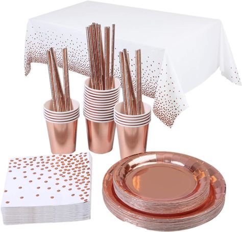 Rose Gold Birthday Decorations Party Tableware Set, Disposable Paper Party Plates Cups Napkins Tablecloth Decorations Gold Birthday Decorations, Birthday Party Plates, Table Cloth Decorations, Rose Gold Paper, Deco Rose, Rose Gold Party, Rose Party, Anniversary Decorations, Gold Party