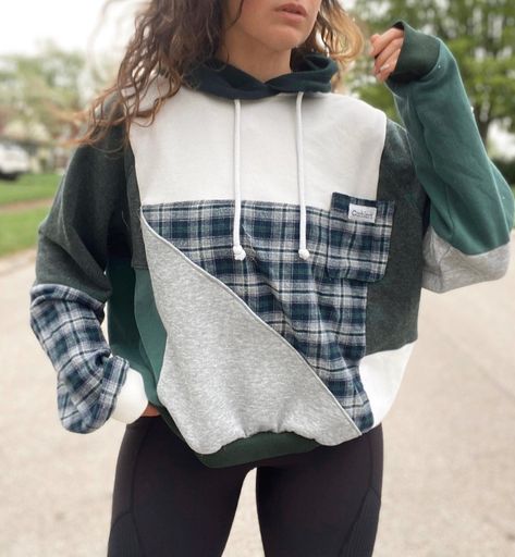 Hoodie Thrift Flip, Stitched Shirts, Upcycled Hoodie, Flannel Shirt Refashion, Reworked Fashion, Reworked Clothing, Thrift Flips, Clothing Upcycle, Patchwork Clothes