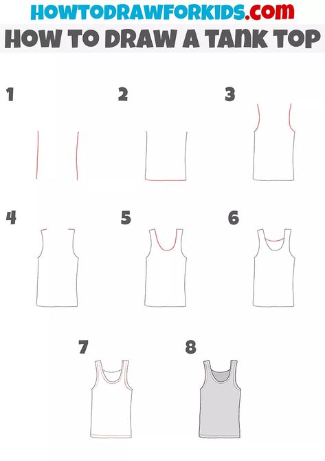 How To Draw A Tank Top, Tank Top Drawing Reference, Tank Top Drawing, Draw Clothes, Draw Fashion, Easy Drawing Tutorial, Fashion Drawing Tutorial, Drawing Tutorials For Kids, Coloring Supplies