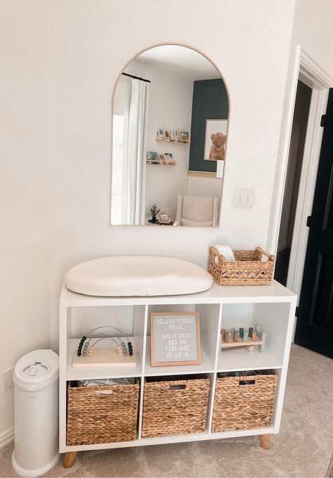 Small Kids Dresser, Cute Changing Table Ideas, Decoration Above Changing Table, Cube Storage Nursery Changing Tables, Nursery Closet Changing Station, Diy Nursery Changing Table, Cubby Changing Table, Changing Table In Master, Vanity Changing Table