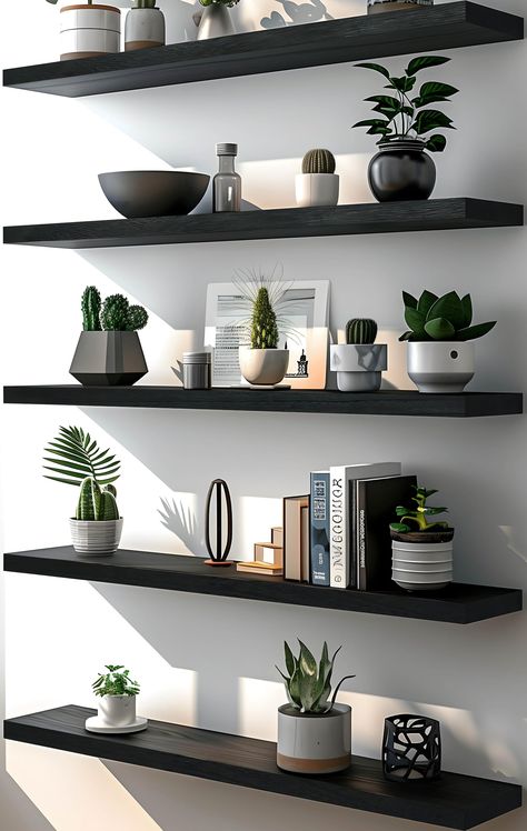 PRICES MAY VARY. 🌲【BEAUTIFUL GRAIN FLOATING SHELVES】Rustic look, stereoscopic wood grain, farmhouse floating shelves coordinates perfectly with your home decor, it brings a whole new life to your bathroom, bedroom, office or kitchen, you will receive tons of compliments on it! 🌲【HIGH QUALITY STURDY WALL SHELF】The premium wall shelf depends on the handpicked wood materials, durable hardware, and can hold a surprising amount of weight. 🌲【EASY TO INSTALL WOOD SHELVES】All hardware is included wit Feature Wall Shelves, Floating Shelves With Desk, Mens Dark Bedroom, Boys Room Floating Shelves, Dark Shelves In Living Room, Work Office Shelf Decor, Box Shelving Ideas, Cool Room Decor For Guys, Dark Office Decor