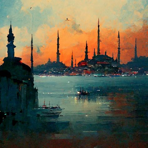 Istanbul Art Paintings, Istanbul Painting Acrylic, Constantinople Art, Istanbul Painting, Turkish Painting, Mosque Drawing, Istanbul Art, Horse Oil Painting, Sans Art