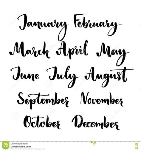 Handwritten Months Of The Year: January, February, March, April, May, June, July, August, September, October, November Stock Vector - Image: 75843093 Bujo Fonts, Bullet Journal Headers, Learn Hand Lettering, Journal Weekly, Brush Pen Lettering, Bullet Journal Font, Journal Fonts, January February March, Stickers Design