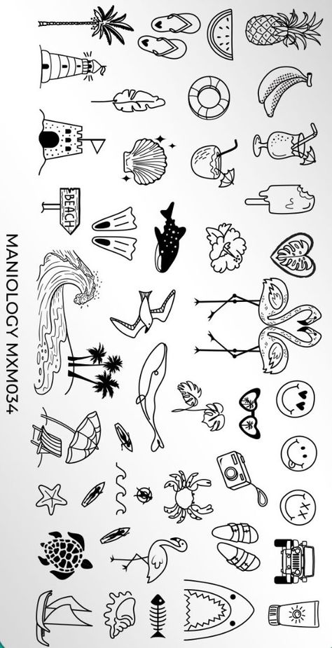 Summer Tiny Tattoo, Beach Flash Tattoo, Easy Beachy Drawings, Beachy Doodles Easy, Hawaii Doodles Easy, Summer Themed Tattoos, Hawaii Doodles, Summer Flash Tattoo, Beachy Doodles