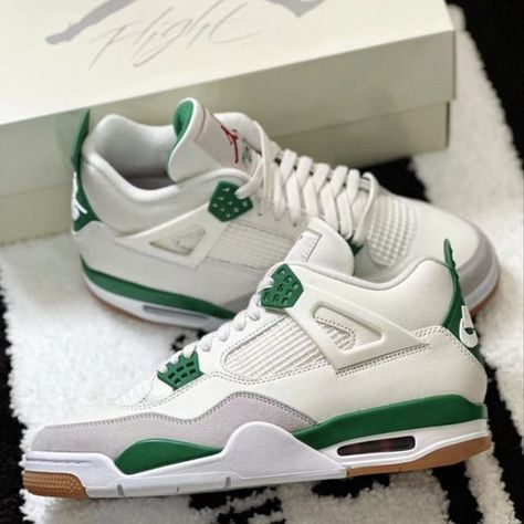 Shop Men's Nike Green White Size Various Athletic Shoes at a discounted price at Poshmark. Description: The shoe features a mid-top design with a white colorway and Pine Green accents. The Jordan 4 Retro is made of durable materials and is designed to provide comfort and support during any physical activity. With its athletic design and retro theme, this pair of Air Jordan 4 sneakers is sure to be a hit with any sneaker enthusiast. All shoes are brand new never worn or tried on . 100% ... Jordan 4 Sb Pine Green, Nike Sb Mid, Pretty Sneakers, Preppy Shoes, Pretty Shoes Sneakers, Jordan 4s, Jordan Shoes Retro, All Nike Shoes, Shoes Outfit Fashion