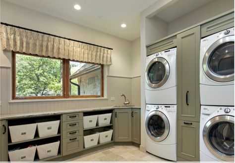 Stacked Double Washer & Dryer Like This Makes A Ton Of Sense Traditional Laundry Room, Country Laundry Rooms, Stacked Laundry Room, Laundry Room Storage Shelves, Vintage Laundry Room, Small Laundry Room Organization, Room Storage Diy, Basement Laundry Room, Dream Laundry Room