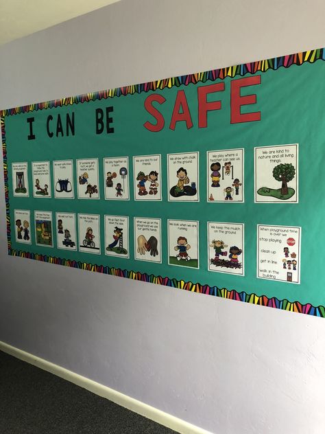 Be Safe Bulletin Board Sel Interventions, Safety Bulletin Board Ideas, Workplace Safety Bulletin Boards, Safety Bulletin Board, Nurse Bulletin Board, Health Bulletin Boards, Playground Safety, School Safety, Yellow Room