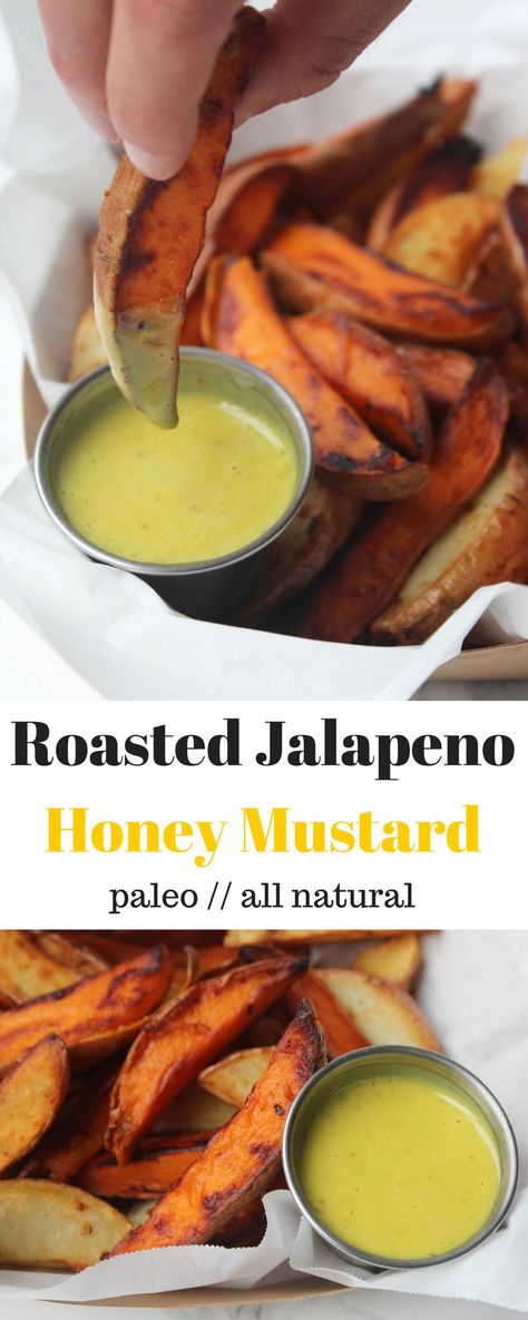 Take up your typical salads, veggies, and dipping needs with this kicked up Roasted Jalapeño Honey Mustard made from wholesome ingredients - Eat the Gains Honey Jalapeno Dressing, Honey Jalapeno Sauce, Jalapeno Honey Mustard Recipe, Jalapeño Honey, Mustard Recipes, Homemade Mustard, Mustard Dip, Paleo Appetizers, Mustard Made