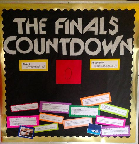 Finals Countdown bulletin board with study tips along the bottom #reslife #RA #bulletinboards Easy High School Bulletin Boards, Countdown Bulletin Board, Final Exam Study Tips, Ela Bulletin Boards, Ra Programs, Spirit Posters, High School Bulletin Boards, College Bulletin Boards, Ra Bulletins