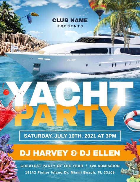 Boat Cruise Flyer Design, Boat Party Poster, Yatch Party Ideas, Yacht Party Flyer, Yacht Party Invitation, Yacht Birthday, Cruise Ship Party, Travel Advertising Design, Party Ideas Birthday