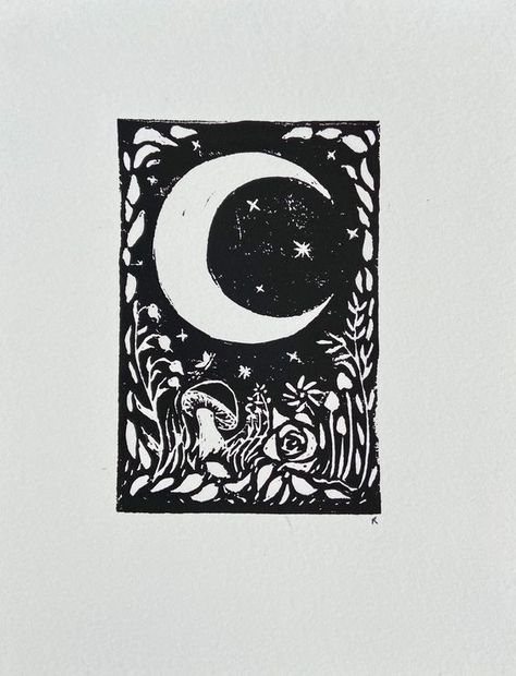 Lino Mushroom, Print Making Ideas Easy, Lino Print Ideas Easy, Lino Print Ideas, Mushrooms Forest, Moon Flowers, Linoleum Print, Linocut Printmaking, Lino Art