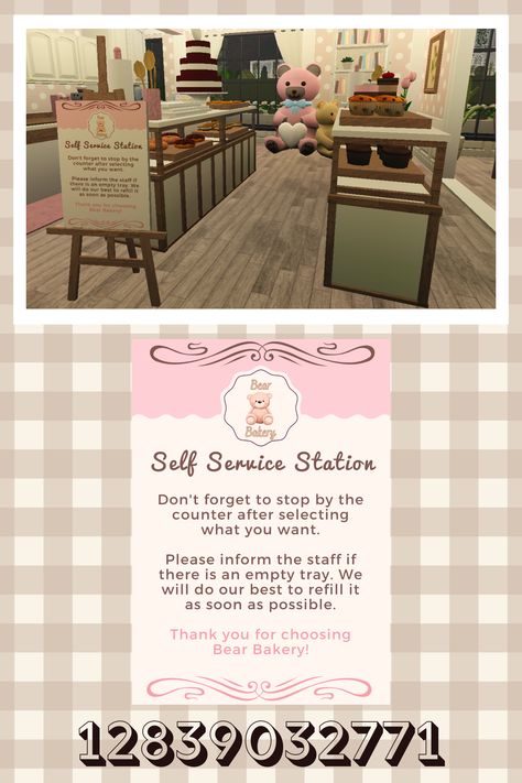 Bloxburg Cafe Seating Ideas, Bloxburg Sweet Shop Decals, Bear Bakery Bloxburg, Bloxburg Bear Decal Codes, Bloxburg Cafe Decals Codes Pink, Bloxburg Cashier, Bloxburg Boba Decals, Cafe Design Bloxburg, Roblox Cafe Layout