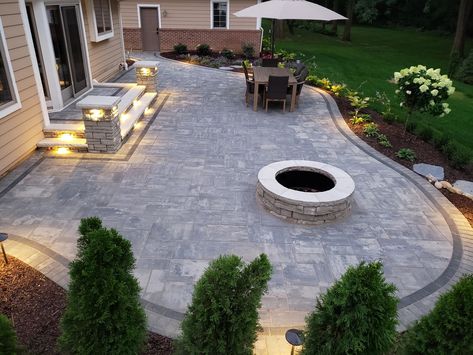 Backyard Patio Hardscape, Stamped Concrete Patio Landscaping, Poured Concrete Patio With Fire Pit, Rounded Patio Design, Patio Against Back Of House, Odd Shaped Patio Ideas, Steps Down To Patio From House, Patio Off Back Of House, Back Patio Landscape Ideas