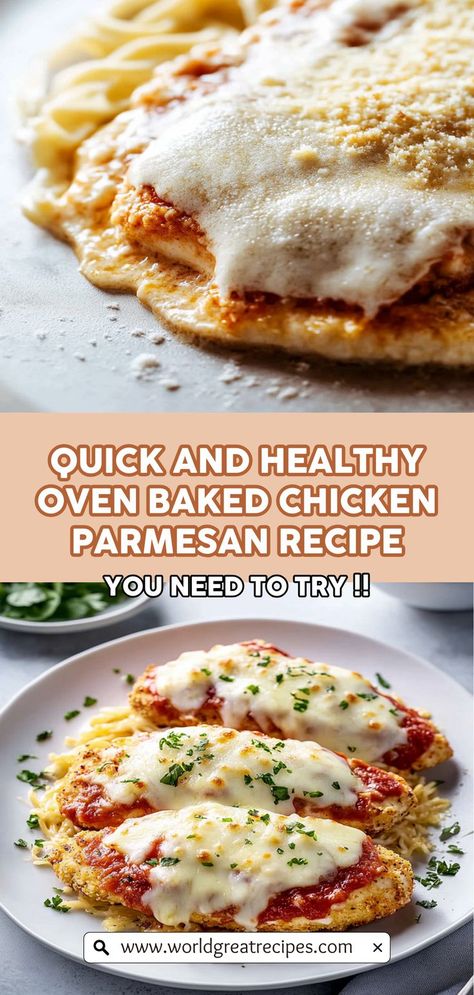 Discover the secret to a mouthwatering Oven Baked Chicken Parmesan that is crispy, cheesy, and healthy! This easy recipe transforms tender chicken breasts into a delicious meal without the mess of frying. With layers of rich marinara sauce and gooey mozzarella, it's perfect for dinner parties or family weeknights. Serve alongside pasta or a fresh salad for a complete dish. Follow our step-by-step guide to achieve that signature golden crust and elevate your home cooking game! Oven Recipes For Dinner Easy Chicken, Baked Chicken Parmesan Recipe Healthy, No Fry Chicken Parmesan, Chicken Parm Oven Baked, Oven Baked Chicken Parm, Chicken Parmesan Recipe Oven Baked, Chicken Parm Recipes Easy, Chicken Parmesan Recipe Easy Healthy, Homemade Chicken Parmesan Recipe