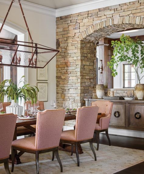 A Graceful Getaway in the Blue Ridge Mountains - Southern Home Magazine Southern Home Magazine, Plaid Chair, Lake Keowee, Stone And Wood, Wood Details, Stone Backsplash, Stone Architecture, Rustic Retreat, Keeping Room