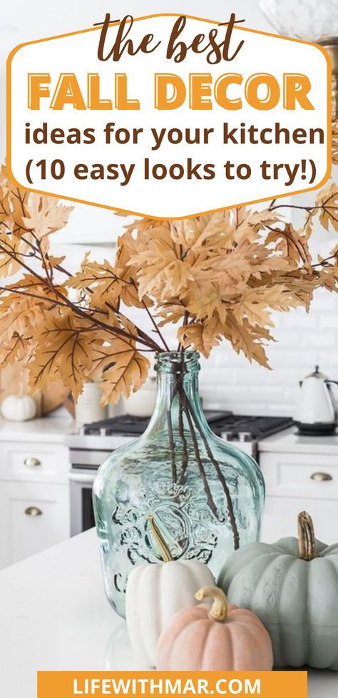 Fall Kitchen Centerpiece Ideas, Fall Counter Decor Ideas, Earth Tone Fall Decor, Kitchen Island Fall Centerpiece, Kitchen Countertop Fall Decor Ideas, Fall Island Centerpiece Ideas Kitchen, Fall Decorations For Kitchen Island, Kitchen Island Fall Decor Centerpieces, Fall Kitchen Centerpiece