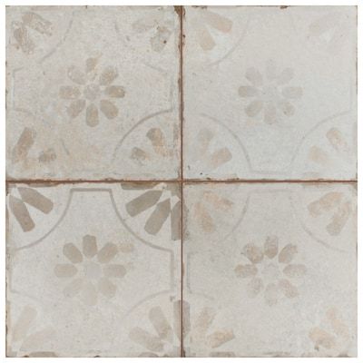 Affinity Tile Kings Blume White 18-in x 18-in Matte Ceramic Encaustic Floor and Wall Tile (10.95-sq. ft/ Carton) in the Tile department at Lowes.com White Ceramic Floor, Patterned Wall, Vintage Industrial Design, Merola Tile, House Tiles, Square Tile, Interior Architect, Ceramic Floor, Natural Stone Tile