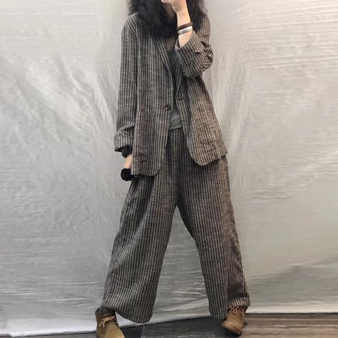 2023 Spring Autumn Women Suit Large Size Casual Suits Fashion Art Retro Loose 2 Piece Set Women Suit Blazer and Pants Linen Set SETS-L 45kg-60kg Casual Suits, Bodycon Pencil Skirt, Pants Linen, Harajuku Outfits, Linen Fashion, Woman Suit Fashion, Pocket Cardigan, Linen Set, Casual Suit