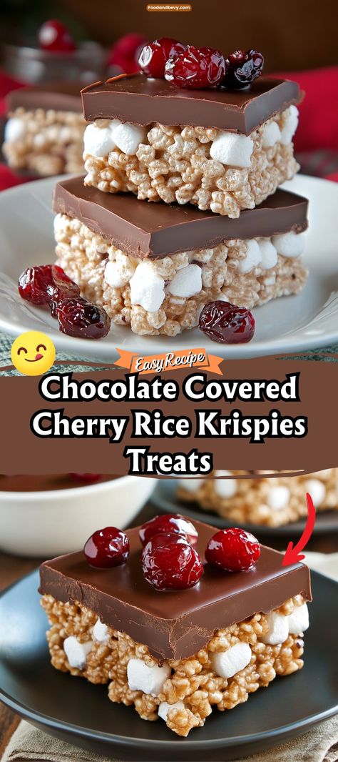 Enjoy a delightful twist on a classic with Chocolate Covered Cherry Rice Krispies Treats. These treats combine gooey marshmallow Rice Krispies with sweet cherries and are dipped in rich chocolate, creating a perfect blend of textures and flavors. #RiceKrispies #ChocolateCherry #DessertBars Treats To Sell, Cherry Rice, Chocolate Cherries, Chocolate Rice Krispie Treats, Chocolate Covered Cherry, Chocolate Recipes Easy, Rice Krispie Cereal, Rice Krispies Treats, Krispies Treats