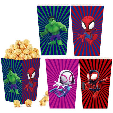 PRICES MAY VARY. Package Includes: You will get 24pcs spider theme party popcorn boxes, 1 styles, 4 different patterns, enough quantity and providing more choices for children’s party decorations and birthday parties Premium Material: Spider candy boxes are made of high-quality paper with stylish design that can meet the needs of party. Bright color, no fading, easy to use and storage Suitable Size: Spider popcorn boxes size approx. 5.2in (height) x 3.5in (top) x 2.5in (bottom). Suitable size an Superhero Gift Bags, Superhero Party Bags, Birthday Popcorn, Candy Box Gift, Spiderman Birthday Party Decorations, Cookies And Candy, Spider Theme, Childrens Party Decorations, Superhero Theme Party