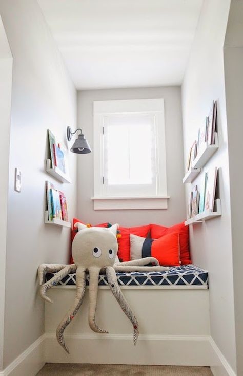 Kids Window Seat, Transitional, boy's room, Benjamin Moore Gray Owl, 6th Street Design School Bedroom Window Seat, Dormer Window, Shelf Window, Slope Ceiling, Benjamin Moore Gray, Window Nook, Children Room Boy, Window Ledge, Cottage Renovation