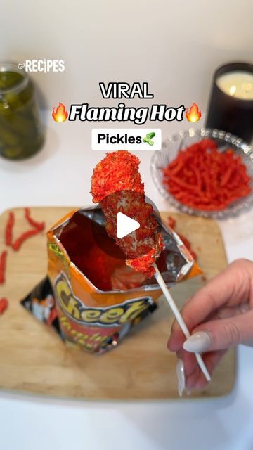 Recipes on Instagram: "Savory, briny, & spicy!🔥 Elevate your snack game with these VIRAL Flaming Hot Cheeto Pickles!🥒🌶️ Send this to your bestie who would LOVE these!😍 inspo: @tashaliana #hotcheetos #flaminghot #hot #flaming #cheetos#pickles #pickle #creamcheese #picklegirls #snack #idea#flavors #spicy #savory #salty #briny #yummy #delicious#viral #trend #foodtrend #snacktrend #snackrecipe #recipe#easyrecipe #fyp" Pickle And Hot Cheetos, Hot Cheetos Pickles, Flaming Hot Cheetos Recipe, Hot Flaming Cheetos, Hot Cheeto Pickles, Flaming Cheetos, Cheetos Recipe, Hot Pickles, Cheetos Crunchy