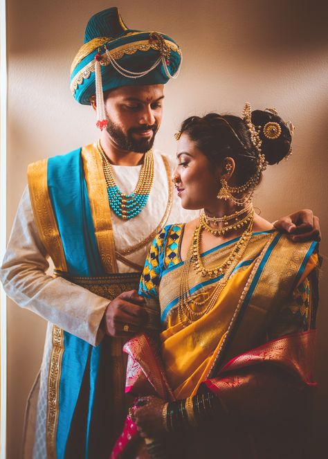 Nauvari Couple Photoshoot, Maharashtrian Groom Look, Maharashtrian Wedding Look For Couple, Marathi Marriage Couple Photography, Vaidik Couple Pose, Marathi Wedding Couple Poses, Marathi Reception Look, Vaidik Marriage Dress, Vidhi Look For Bride And Groom