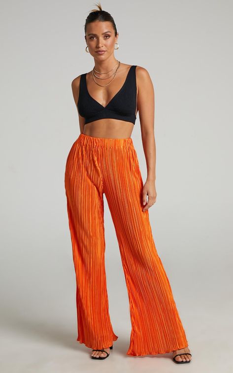 Beca Plisse Flared Pants in Bright Orange | Showpo Bright Pants Outfit, Orange Pants Outfit, Bright Colored Outfits, Orange Pants, Orange Outfit, Flared Pants, Bright Orange, Pants Outfit, Latest Fashion For Women