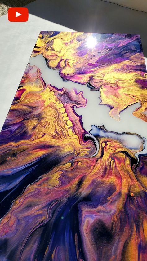 Acrylic Pouring technique with an ordinary funnel and a blow dryer - Gorgeous result! Golden Flame fluid acrylics tutorial by Olga Soby Acrylic Painting Blow Dryer, Acrylic Blow Dryer Painting, Blow Dryer Painting, Blow Dryer Art, Acrylics Tutorial, Olga Soby, Art Pouring, Fluid Abstract, Pour Paint