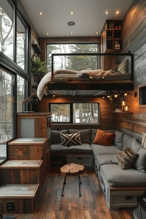 Tiny Homes Mid Century Loft, Loft Tiny House, Treehouse Interior, Industrial Mid Century, Farmhouse Life, Loft Bed Plans, Tiny House Loft, Loft Industrial, House Loft