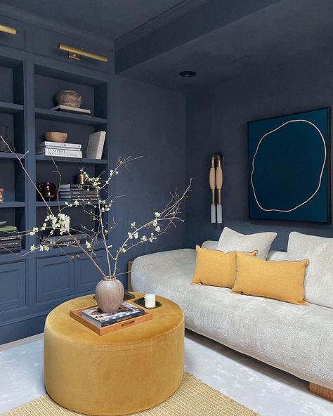 Yes, the navy and ochre tones in my family room are a complete departure from the rest of my home but this is a perfect reminder that… | Instagram Colorful Rooms, Family Room Paint Colors, Family Room Lighting, Navy Living Rooms, Neutral Sofa, Athena Calderone, Media Room Design, Family Room Walls, Room Additions