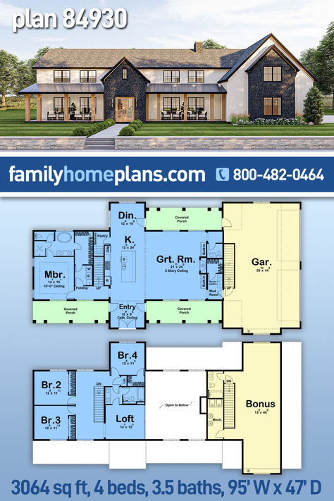 A barndominium style house plan with 4 bedrooms and 4 bathrooms. It's a unique and spacious home design that combines the rustic charm of a barn with the modern conveniences of a traditional house. The exterior of the home features board and batten siding, with a large covered porch that splits to either side of the entry. The porch provides a great place to relax and enjoy the outdoors. #barndo #barndominium #houseplans Barndominium Loft Ideas, Dark Modern House Exterior, 5 Bedroom Barndominium Floor Plans, Dark Modern House, Modular Floor Plans, Modern Barndominium Ideas, 4 Car Garage, Duplex Floor Plans, Barndominium Plans