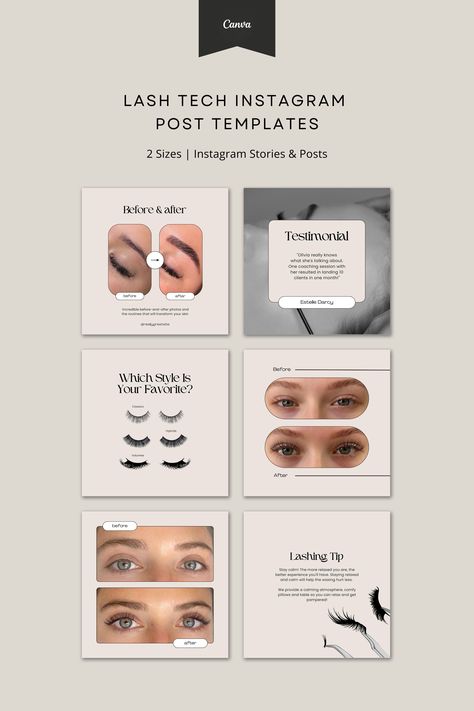 56 Lash Tech Instagram Post & Story Canva Templates Lashes Instagram Feed, Cute Instagram Story Ideas, Tech Instagram Post, Lash Tech Instagram, Canva Instagram Templates, Eyelash Salon, Lash Designer, Education Tips, Feed Insta