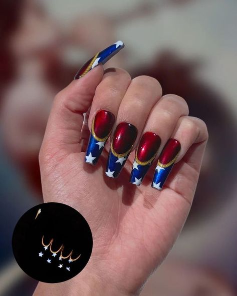 50 Trending Winter Nails to Inspire You | Winter Nails | Winter Nails 2023 Trends 4 Th Of July Nails Art Designs, 4th Of July Nails Stiletto, Wonder Woman Nail Art, 4rh Of July Nail Designs, Black 4th Of July Nails, Labor Day Nail Designs, Red And Blue Nails Design, Super Hero Nails, Classy 4th Of July Nails