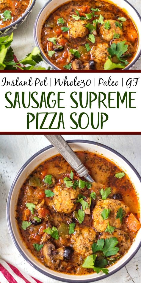 This Whole30 instant pot sausage pizza soup is so quick to make. Just roll the meatballs, add the vegetables and set the timer to 6 minutes! Perfect for meal prep or an easy weeknight dinner recipe that's healthy, paleo, gluten free and can be made keto! No fancy prep work here, just a few steps and this flavorful pizza soup is done! #whole30instantpot #whole30soup #whole30instantpotsoup #ketoinstantpot #paleoinstantpot Whole 30 Soup, Whole30 Instant Pot, Pizza Soup, Sausage Pizza, Supreme Pizza, Paleo Soup, Weeknight Dinner Recipes Easy, Photo Food, Easy Weeknight Dinner