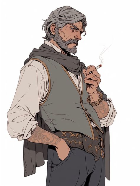 Cool Old Man Character Design, Cowboy Wizard Art, 1900 Mens Hairstyles, Elder Character Design Old Age, Victorian Old Man Character Design, Old Man Design Character, Oath Of The Open Sea Paladin, Librarian Dnd Character, Russian Man Drawing