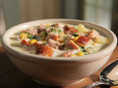 Corn Chowder with Smoked Sausage Sausage And Corn Chowder, Sausage Corn Chowder, Sausage Chowder, Smoked Sausage Recipe, Ring Bologna, Cooking Channel Recipes, Smoked Sausage Recipes, Kielbasa Recipes, Corn Chowder Recipe