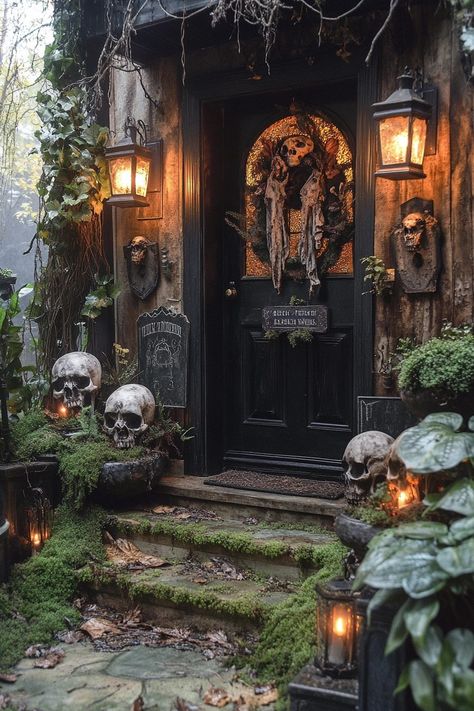 29 Halloween Decor Front Porch Ideas for a Spooktacular Welcome 26 Gothic Halloween Porch Decorations, Scary Halloween House Decoration Outdoor, Halloween Greenhouse Decor, Haunted Manor Halloween Decor, Spooky Cemetery Graveyards, Haunted Garden Aesthetic, Gothic Outdoor Halloween Decor, Haunted Porch Ideas, Haunted Forest Halloween Decor