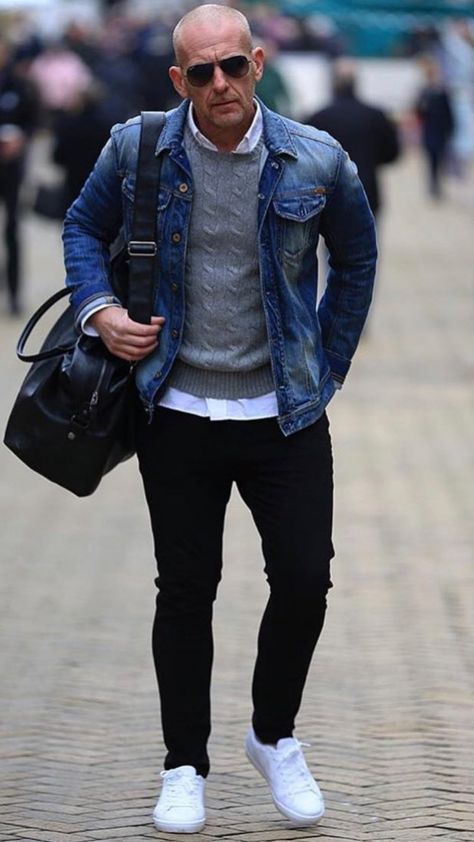 Styles For Bald Men, Bald Men Style, Perfect Winter Outfit, Bald Man, Mens Fashion Blog, Bald Men, Mens Fashion Jeans, Elegante Casual, Blue Denim Jacket