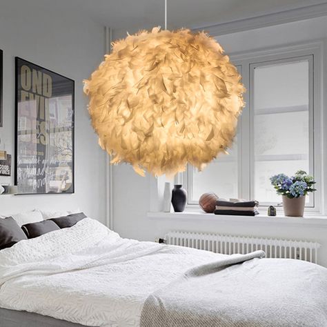 Feather Lamp Shade, Bedroom Nordic Style, Feather Lamp, Apartment Decorating Living, Plug In Pendant Light, Shade Lamp, Bulb Pendant Light, Ceiling Lamp Shades, Ball Lamps