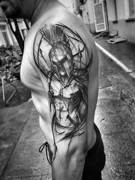 This guy is winning me over. Inez Janiak sketch tattoos Sketch Style Tattoos, Spartan Tattoo, Warrior Tattoos, Upper Arm Tattoos, Cat Tattoos, Tiny Tattoo, Full Sleeve Tattoos, Diy Tattoo, Wolf Tattoos