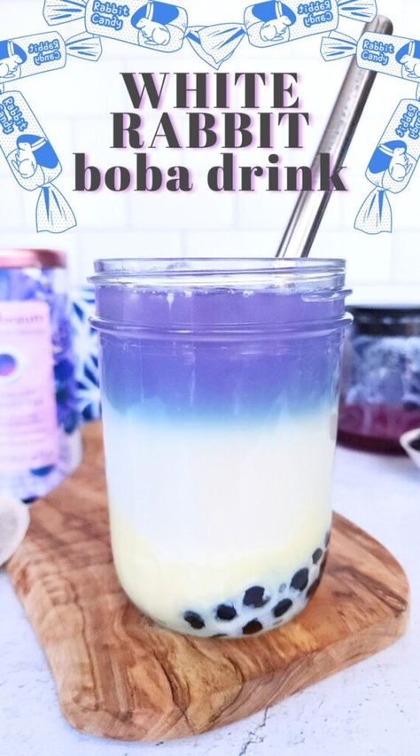 White Rabbit Candy Boba Drink Recipe White Rabbit Candy Recipe, Boba Cocktail, Boba Drink Recipe, White Rabbit Candy, Drink Flavors, Drink Board, Boba Recipe, Boba Tea Recipe, Rabbit Candy