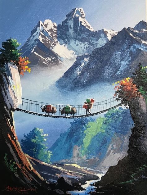 Kailash Mountain Painting, Nepal Landscape Painting, Mount Everest Painting, Mount Kailash Painting, Nature And Environment Painting, Kailash Painting, Bridge Painting Acrylic, Nepal Painting, Painting In Canvas